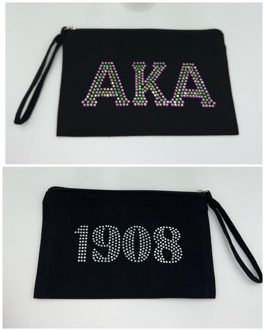 Two-color Greek Letter Rhinestone Wristlet Zipper Pouch/Cosmetic Bag - Any Organization!