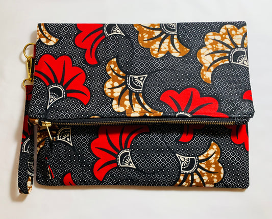 Black/Red/Brown Floral Ankara Fold Over Clutch