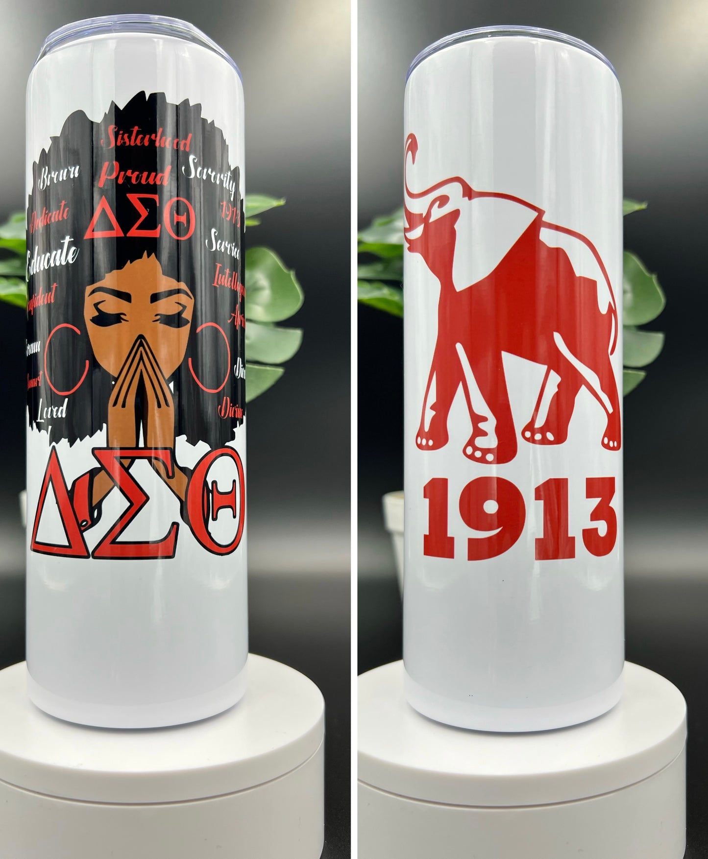 20 oz Skinny Tumbler - Delta Sigma Theta Afro Woman and Elephant