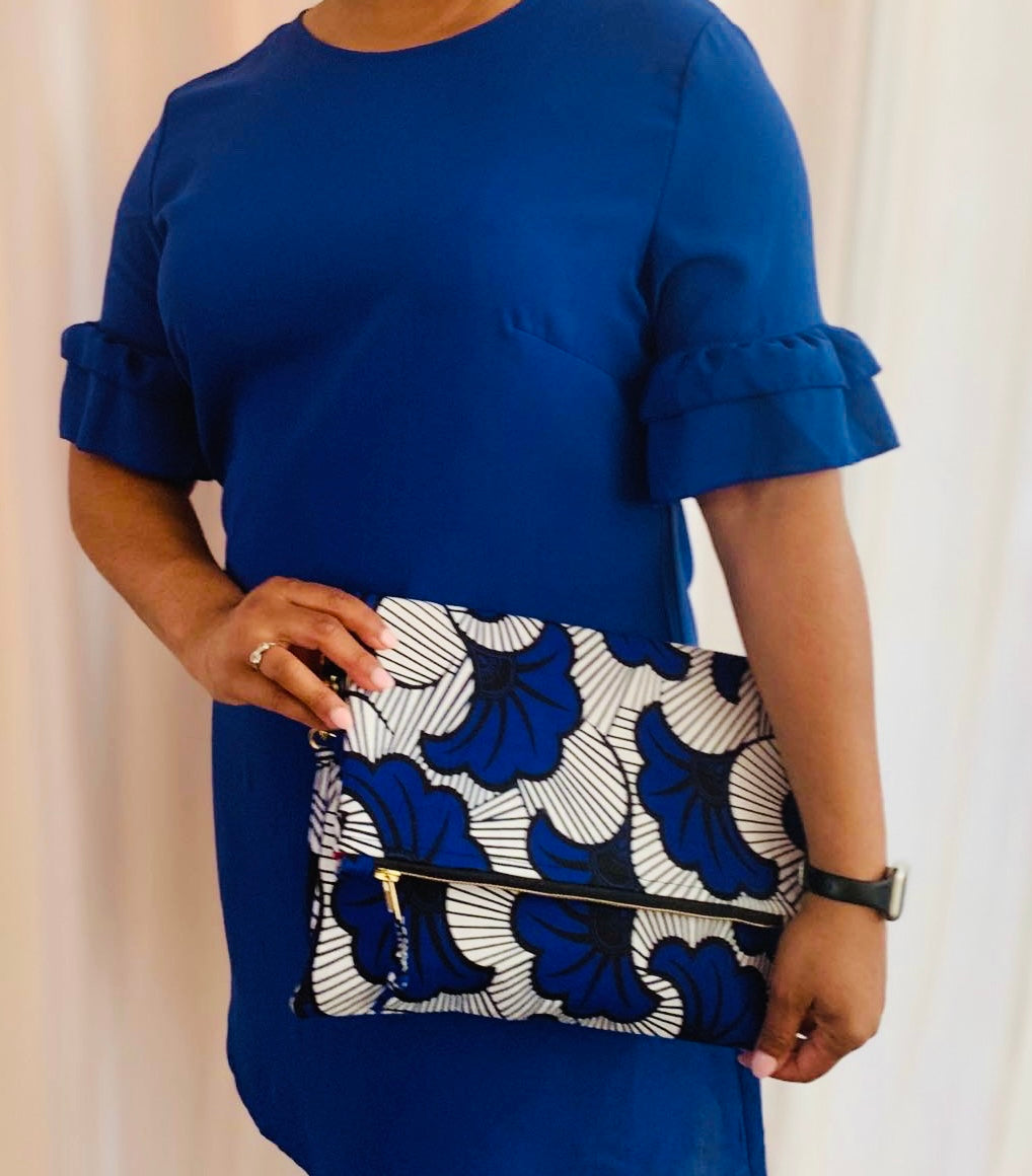 Blue/White/Black Floral Ankara Fold Over Clutch