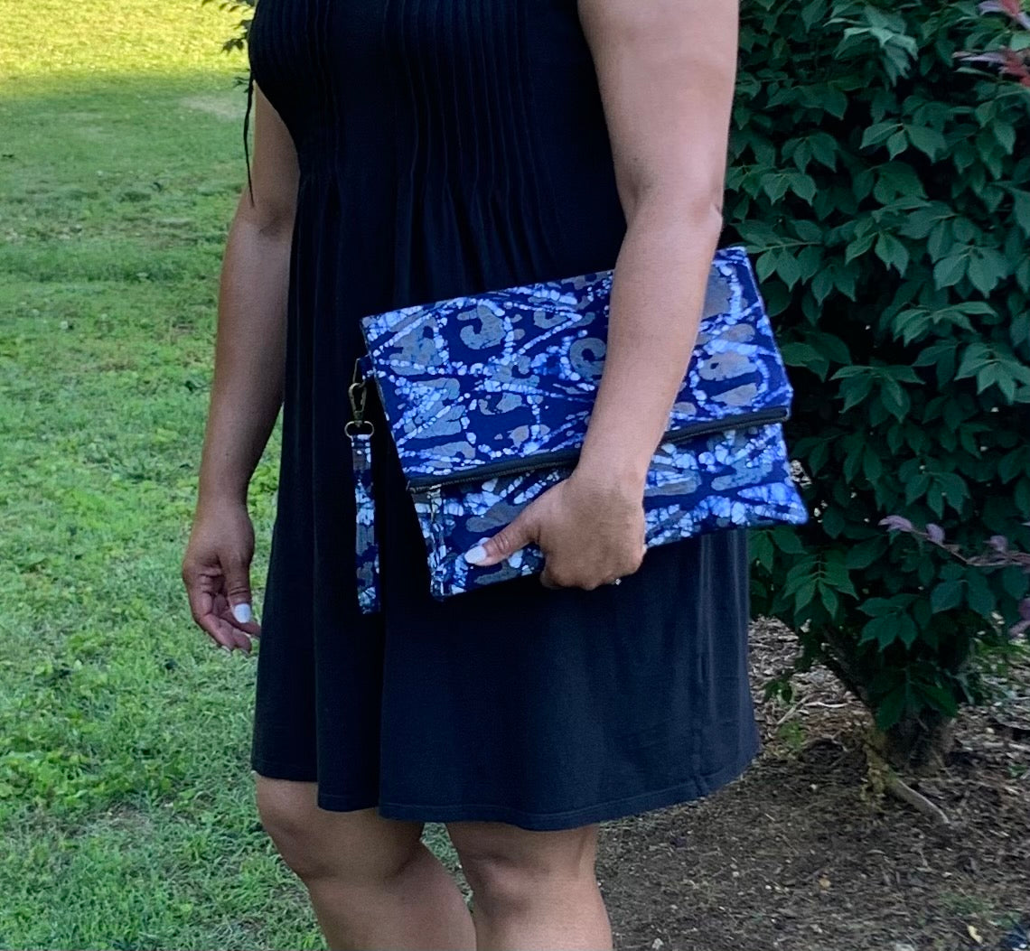 Navy Blue/White Batik Fold Over Clutch