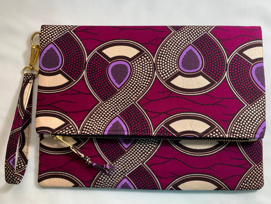 Plum and Metallic Gold Ankara Fold Over Clutch