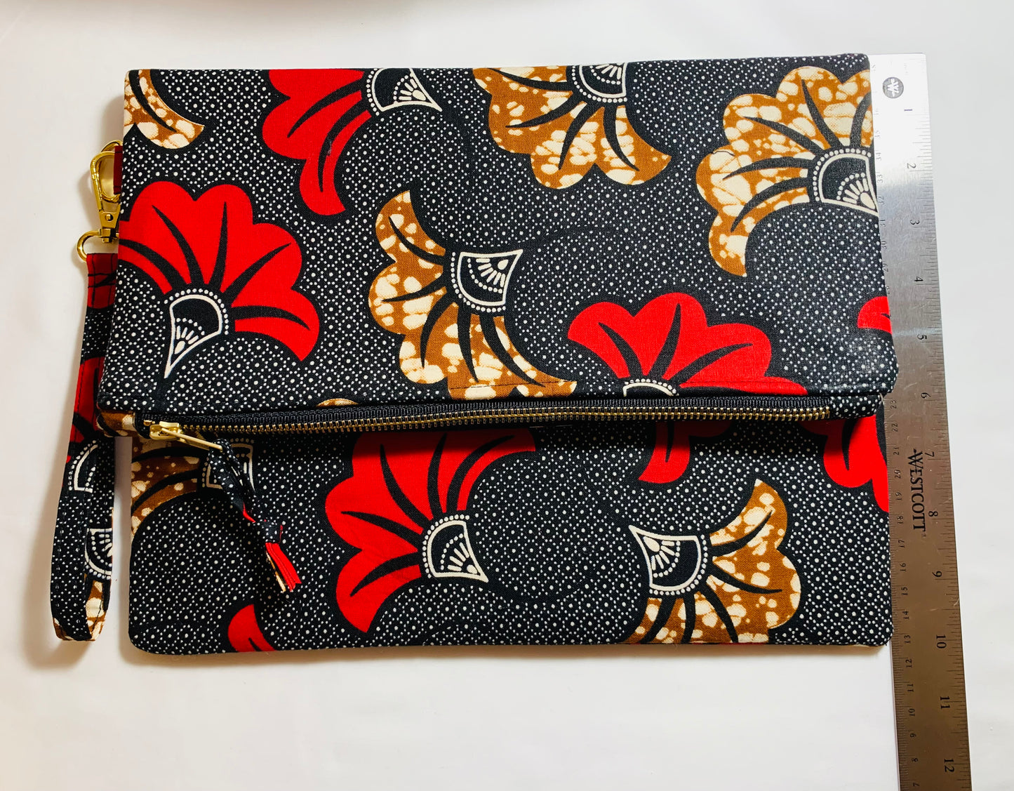 Black/Red/Brown Floral Ankara Fold Over Clutch