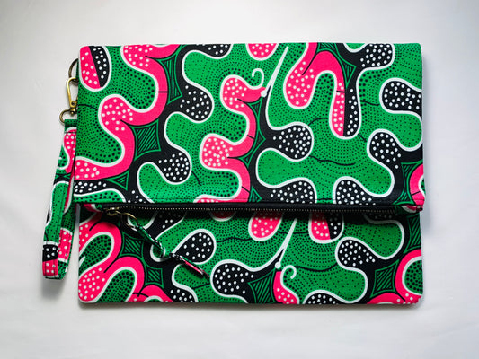 Pink/Green/Black Ankara Fold Over Clutch