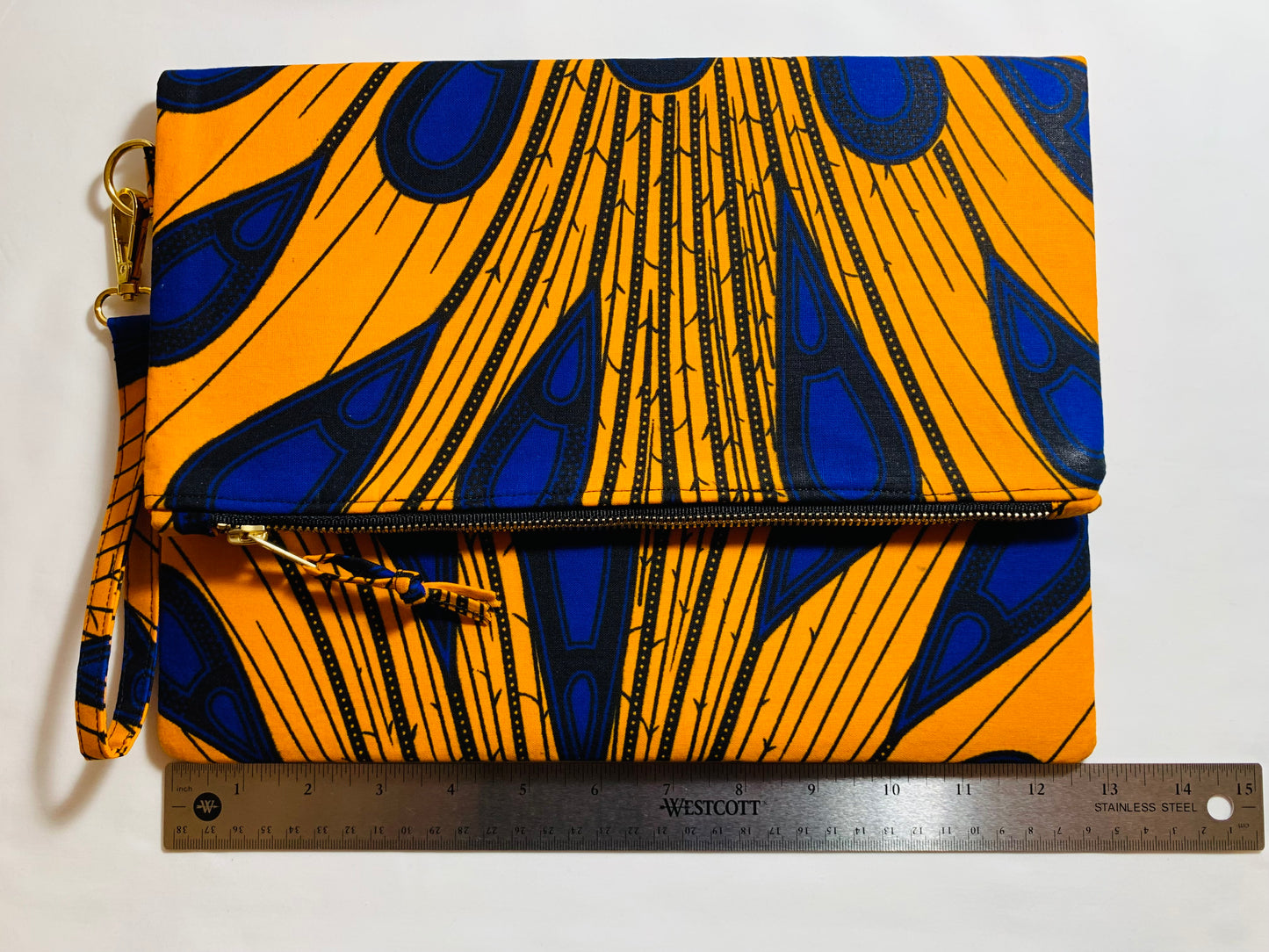 Yellow-Gold/Blue Peacock Design Ankara Fold Over Clutch