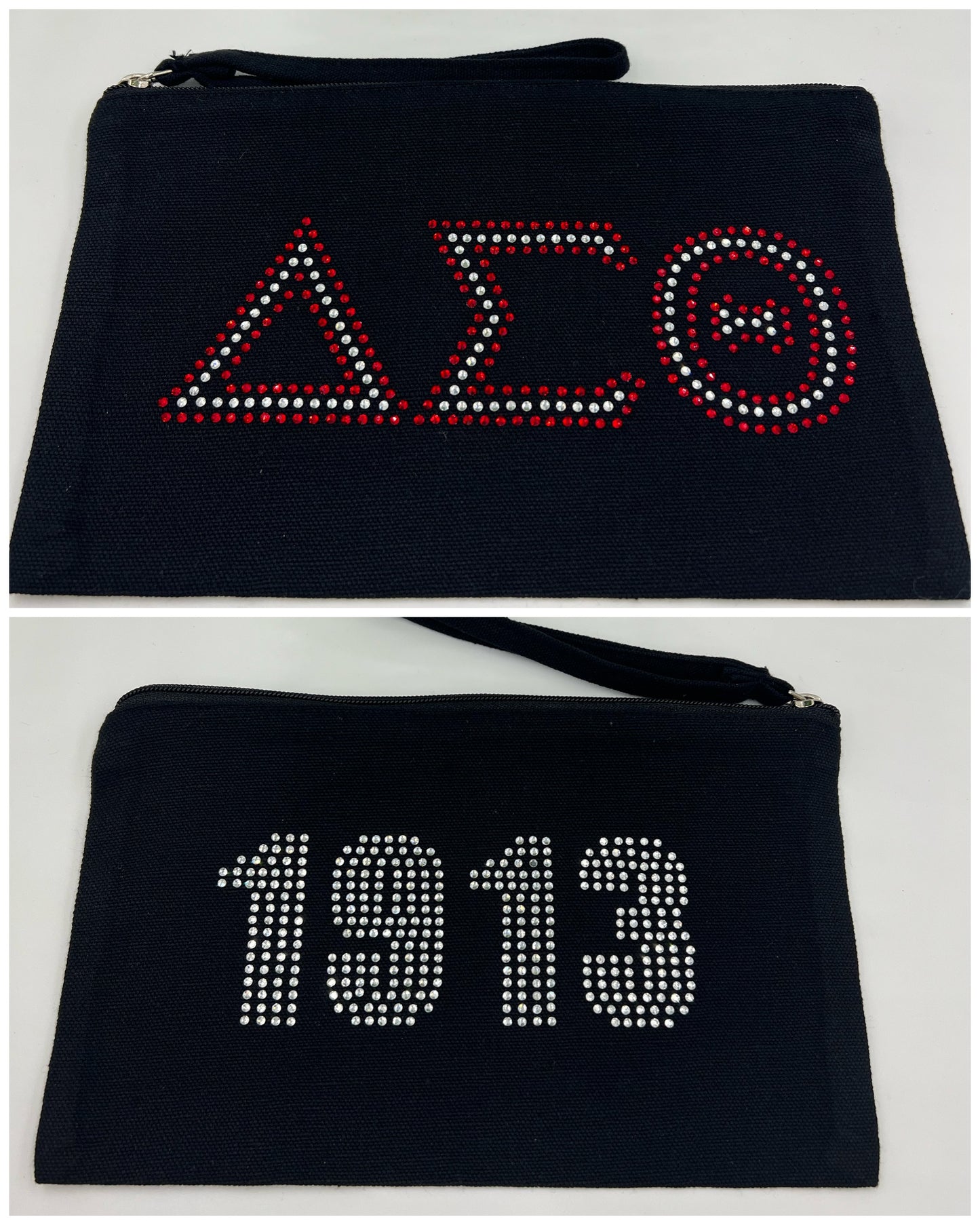 Two-color Greek Letter Rhinestone Wristlet Zipper Pouch/Cosmetic Bag - Any Organization!