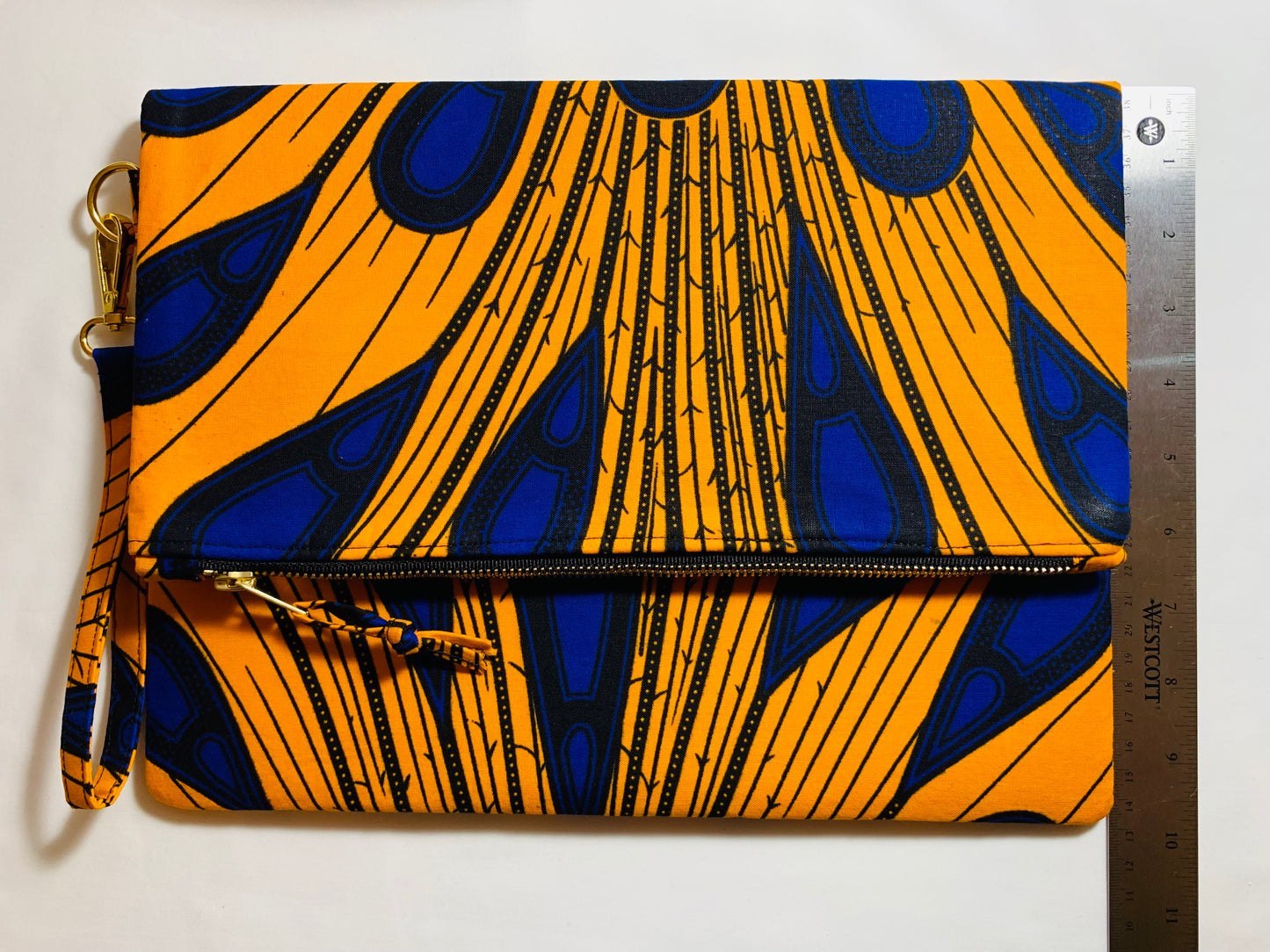 Yellow-Gold/Blue Peacock Design Ankara Fold Over Clutch