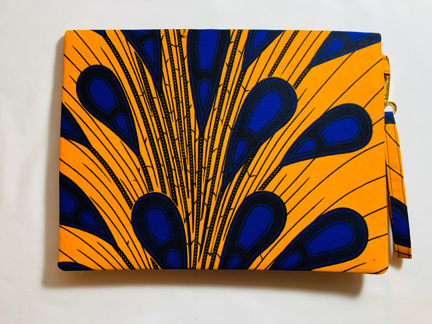 Yellow-Gold/Blue Peacock Design Ankara Fold Over Clutch