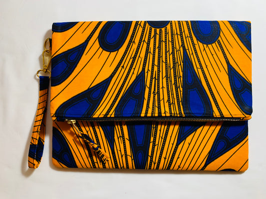 Yellow-Gold/Blue Peacock Design Ankara Fold Over Clutch