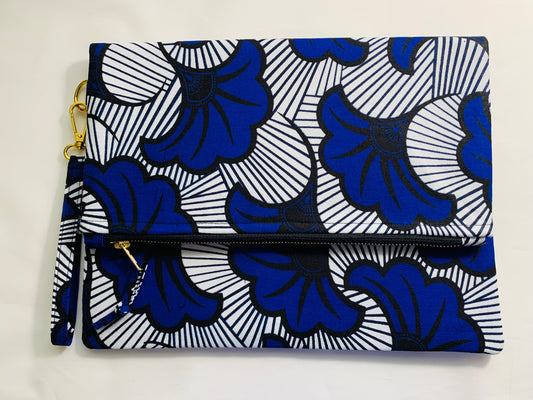 Blue/White/Black Floral Ankara Fold Over Clutch